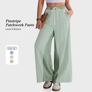 【SS26 Collection】TARSE Women’s Linen Blend Wide Leg Pants Curved Seams Striped Drawstring Elastic Waist Loose Summer Boho Casual Trendy Pants with Pockets