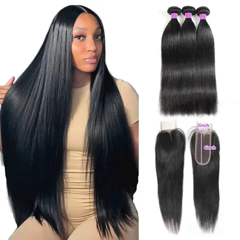 Silky Straight Human Hair Bundles 2x6 /4x4 Lace Closure With Bundles Straight Bundles With Closure 4x4 Inch Human Hair Bundles With Closure Virgin Human Hair Bundles with Closure Free Part Black Friday