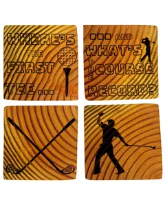 Golf Custom Handmade Wooden Coasters - Set of 4 with Unique Golf-Themed Designs and Text "Where's the First Tee..." and "What's the Course Record?"