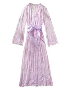 Women's Lace Mesh Bathrobe Loungewear, Floral Sheer Cardigan with Sash Belt, Elegant Party, Valentine's Day, Honeymoon, Wedding, Bedroom Pajamas