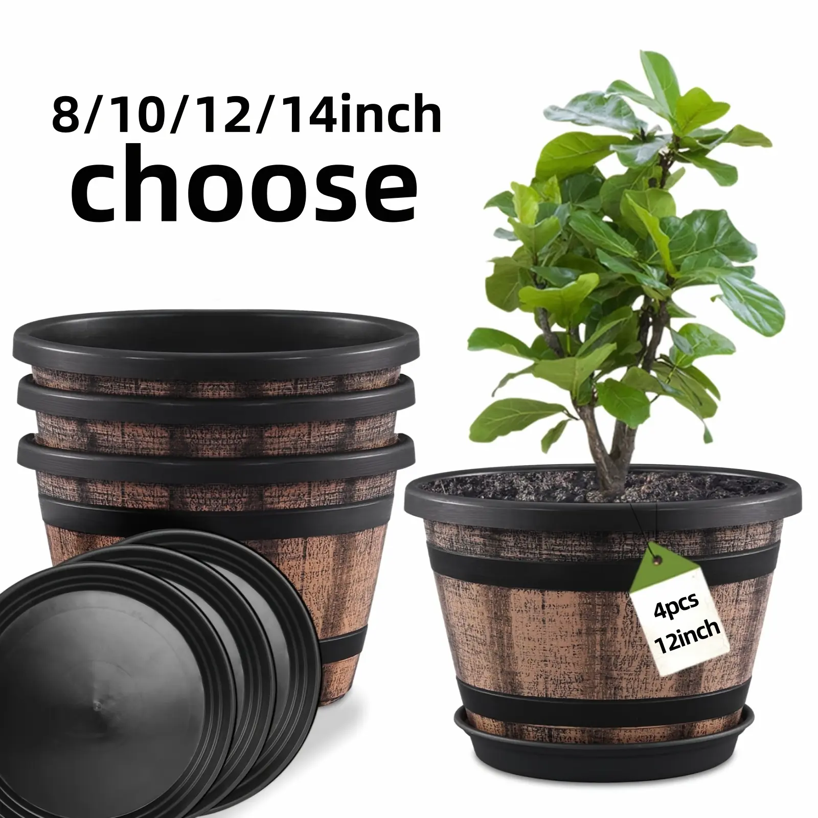 Plant Pot Set, 4pcs, 8/10/12/14 Inch, Large Whiskey Barrel-shaped Flower Pots with Drainage Holes And Trays. Plastic Flower Pot, Designed to Resemble A Wine Barrel, Suitable for Indoor And Outdoor Gardens And Home Plants(brown) Gardening Gift,home