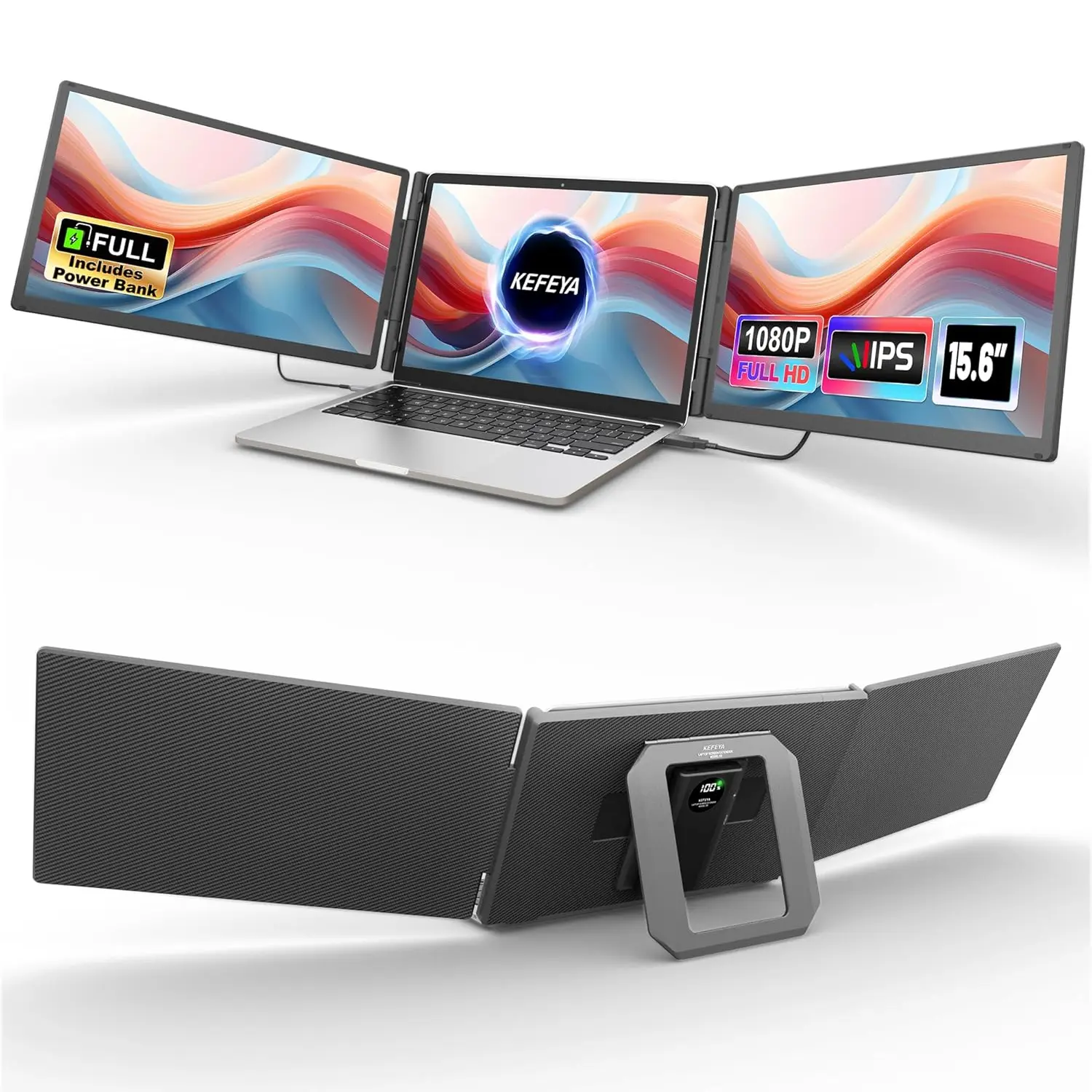 KEFEYA 15.6" Sturdy Portable Monitors Extender, FHD 1080P IPS Triple Screen with Power Bank & USB Hub, Detachable External Monitor for 13-17" Laptops, Plug & Play via HDMI-USB-A-Type-C, Compatible with Windows-Mac-Android