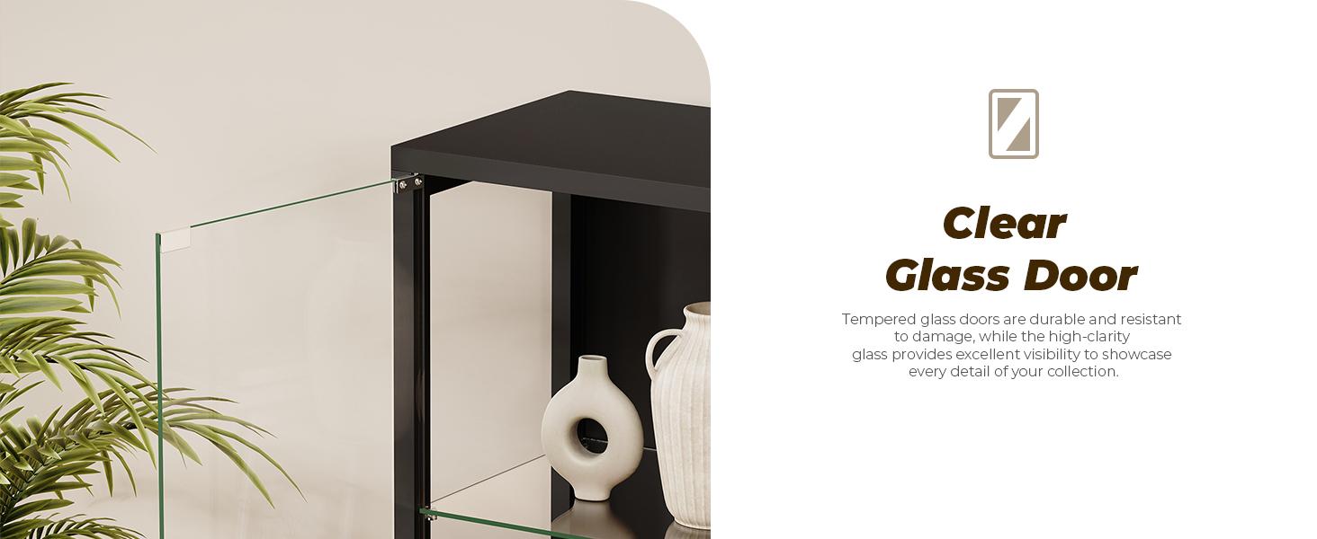 BROTTAR Metal Display Cabinet with Glass Doors, 4-Tier Curio Cabinet with 3 Color Lights for Collectibles, Glass Display Case with Human Body Sensor, Storage Cabinets with Adjustable Glass Shelves, Black