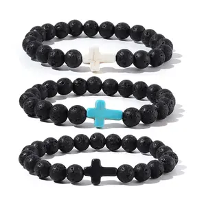 Lava Volcanic Stone Beads Turquoise Cross Elastic Stretch Bracelet - Religion Bangle for Women Men