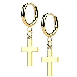 Gold PVD Cross Stainless Steel Hinged Earrings