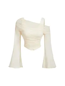 Elegant Women's Two-In-One Bell Sleeve Nude Knot Mesh Tee, Fashion Casual for Spring & Fall, Daily Wear T-Shirt