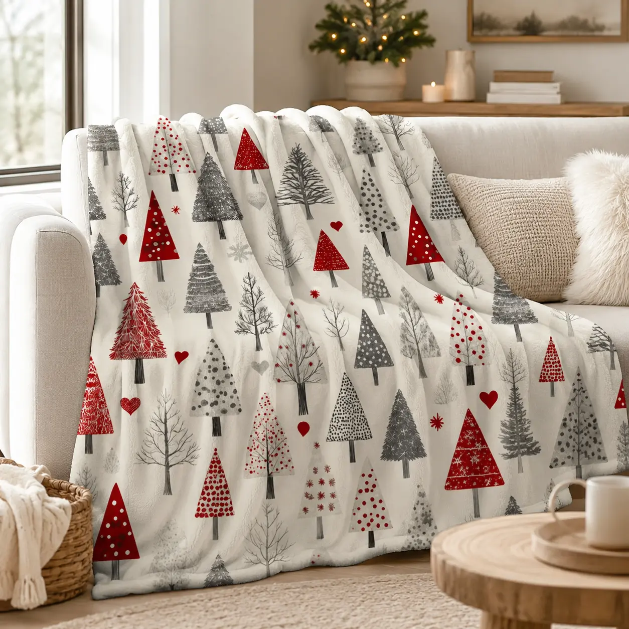 Red Grey Christmas Tree Heart Flannel Throw Blanket, Soft Fuzzy Plush Blanket for Couch & Bed, All Season Cozy Warm, Minimalist Winter Holiday Print, Beautiful Xmas Gift, Neutral Farmhouse Cottagecore Seasonal Bedroom Home Decor