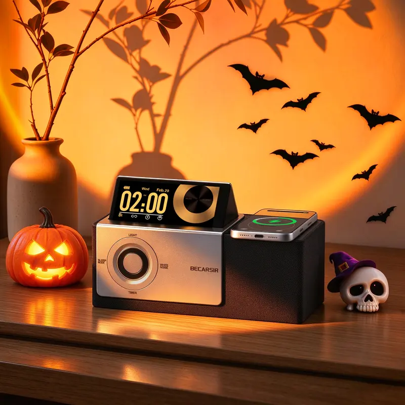 BECARSIR Chargeable Bluetooth Speaker - 7-in-1 Plastic Portable Charging Station with Flip-Screen, USB Type-C, Sunset Lamp, White Noise, Deep Bass Audio, Bedside Aesthetic Decor, Unique Cool Gifts, Desktop Decoration, Perfect Gifts for Halloween
