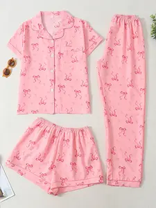 Women's 3-Piece Pajama Set, Short Sleeve Open Front Top + Shorts + Long Pants, Bowknot All over Print, Cute Casual Fitted Sleepwear, Loungewear