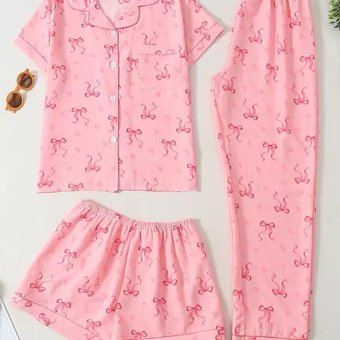 Women's 3-Piece Pajama Set, Short Sleeve Open Front Top + Shorts + Long Pants, Bowknot All over Print, Cute Casual Fitted Sleepwear, Loungewear, Nightwear Sleepwear, Sleep Pajamas Shorts, Lounge Pajama Style, Pjs, Printed Sleepwear Set