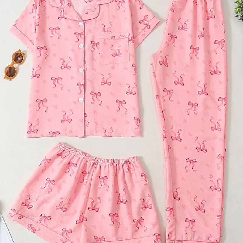Women's 3-Piece Pajama Set, Short Sleeve Open Front Top + Shorts + Long Pants, Bowknot All over Print, Cute Casual Fitted Sleepwear, Loungewear, Nightwear Sleepwear, Sleep Pajamas Shorts, Lounge Pajama Style, Pjs, Printed Sleepwear Set