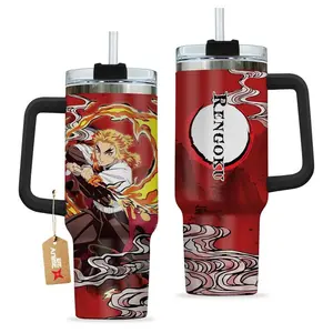 Flame Hashira Warrior Anime-Inspired 40oz Tumbler with Handle – Custom Japanese Fighter Stainless Steel Travel Cup – Unique Anime Gift for Men & Women