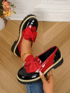 Women's Colorblock Floral Brogue Patchwork Plaid Thick Sole Shoes, Bow Detail, Vintage College Style, Faux Leather, Spring Fall, Flats