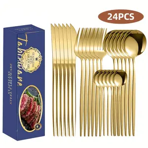 24 Pieces Stainless Steel Cutlery Set, Mirror Polished, Dishwasher Safe, for 4/9/12 People, Golden Color, Ideal for Home & Parties