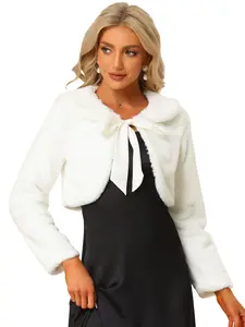 INSPIRE CHIC Faux Fur Bolero Shrug Crop Jacket Collar Fit Evening Bow Tie Front Fluffy Coat