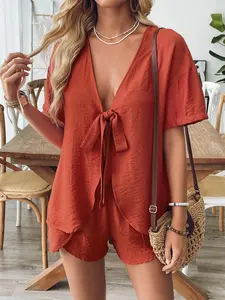 Women's Summer Casual Ruffle Hem Shorts Matching Set, Bow Tie Waist Shirt, Vacation Style Two-Piece, Loose-Fit Woven Fabric