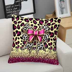 Leopard Print Throw Pillow, Cute Bow Pattern Cushion, 18x18 Inch Soft Decorative Pillow, for Living Room Bedroom Sofa Couch, Perfect Gift for Bow Lovers, Aesthetic Room Decor, Pillow Insert Included