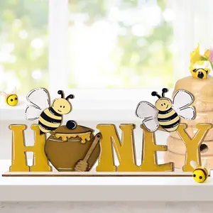 Summer Cute Bee Honey Jar Wooden Desktop Decoration, Honey Letter Decor, Farmhouse Living Room Bedroom Table Art, Home Decor