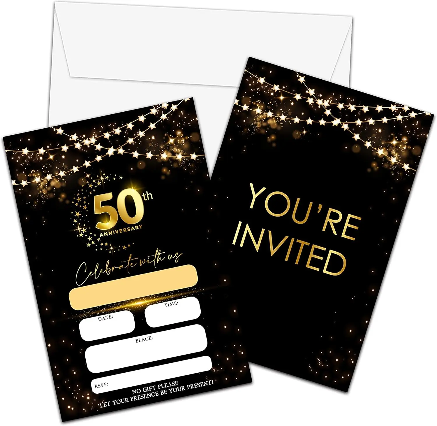 50th Anniversary Invitations Cards, Black Gold Glitter Wedding Anniversary Invitations with Envelopes, Celebrate With Us Fill-in Invites Cards, Anniversary Party Supplies Decorations(Pack of 25)