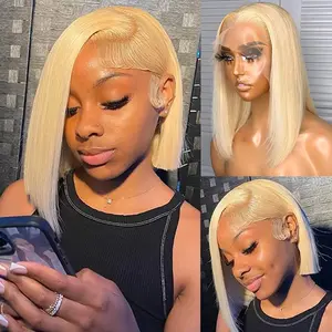 613Bob wig Blonde real human hair 33.02 x 10.16 cm front lace pre-plucked 20.32 cm smooth straight hair high-definition lace front wig with baby hair in the middle part 180% density bleached knot blonde wavy wig