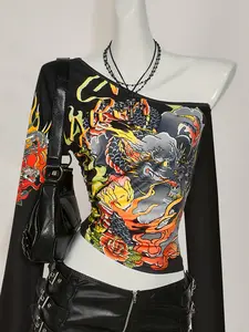 Women's One-Shoulder Asymmetrical Neck Crop Top, featuring Y2K Gothic-style tattoo dragon print, with a stretchy and figure-hugging fit. Ideal for trendy parties and streetwear fashion.