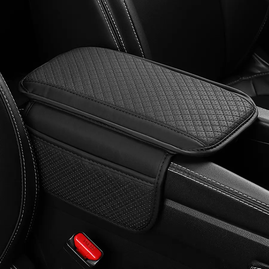 Car Center Console Cover with 2 side pocket, Leather Memory Foam Car Armrest Booster Pads, Leather Car Armrest Cover Protector, Suitable for Most Vehicles, SUVs, Trucks, Cars (Black)