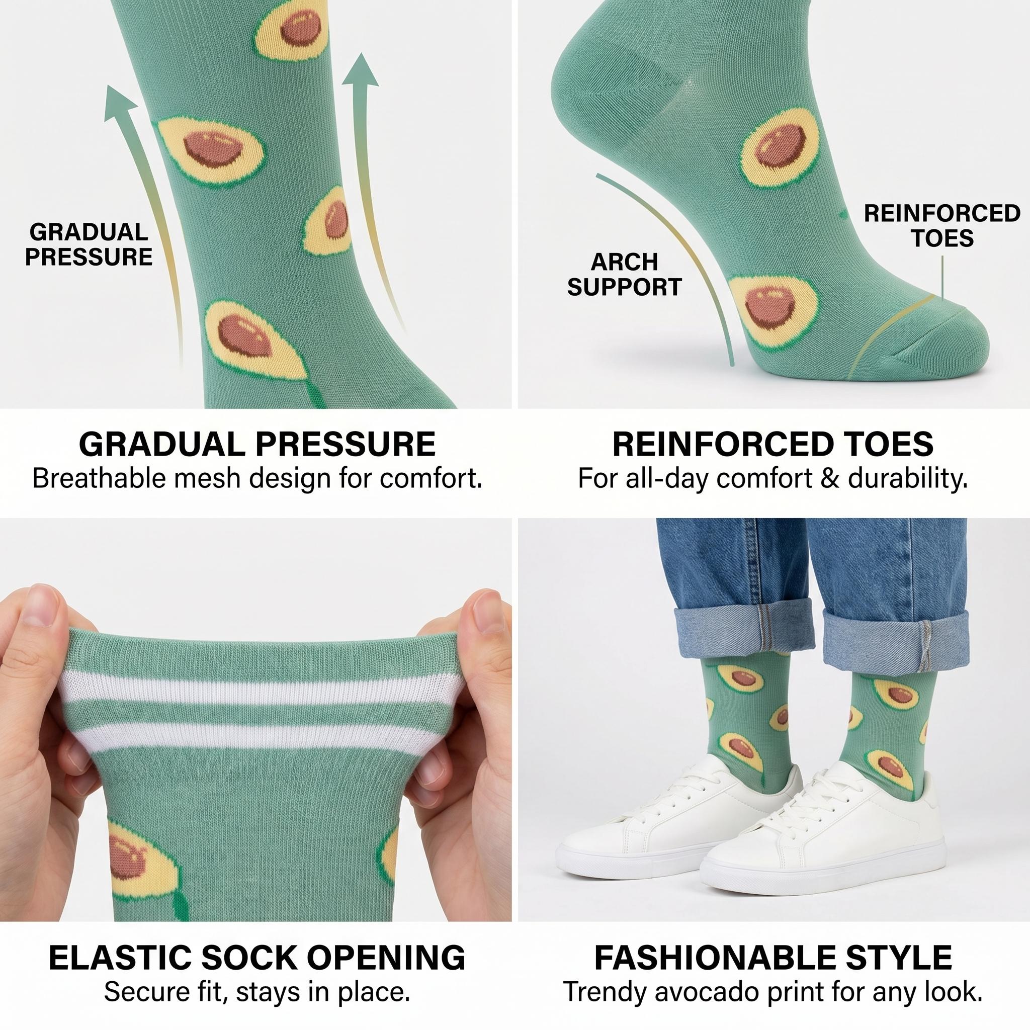 Mother's Day Gift 6 Pairs Cute Fruit Print Compression Socks 15-20mmHg Knee High Circulation Support for Nurse Running Travel Daily Wear Breathable Moisture-Wicking Fabric Non-Slip Cuff