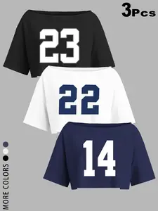 Women's 3Pcs/1Pcs Off Shoulder Number Print Crop Tops, 2026 TikTok Viral Y2K Aesthetic T-Shirts,Daily, Party, Club, Vacation, Street Style, Summer Outfits, Cute Versatile Basic Tops for Teen Girls & Young Women, Off The Shoulder Blouses