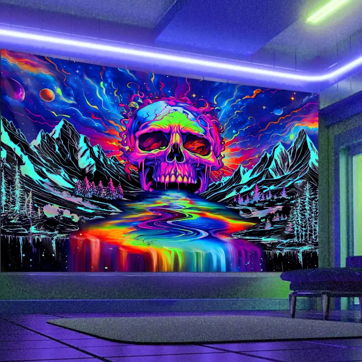 UV Reactive Skull Pattern Tapestry, 1 Count Colorful Fantasy Landscape Tapestry, Wall Hanging Decor for Home Living Room Bedroom, Wall Tapestries