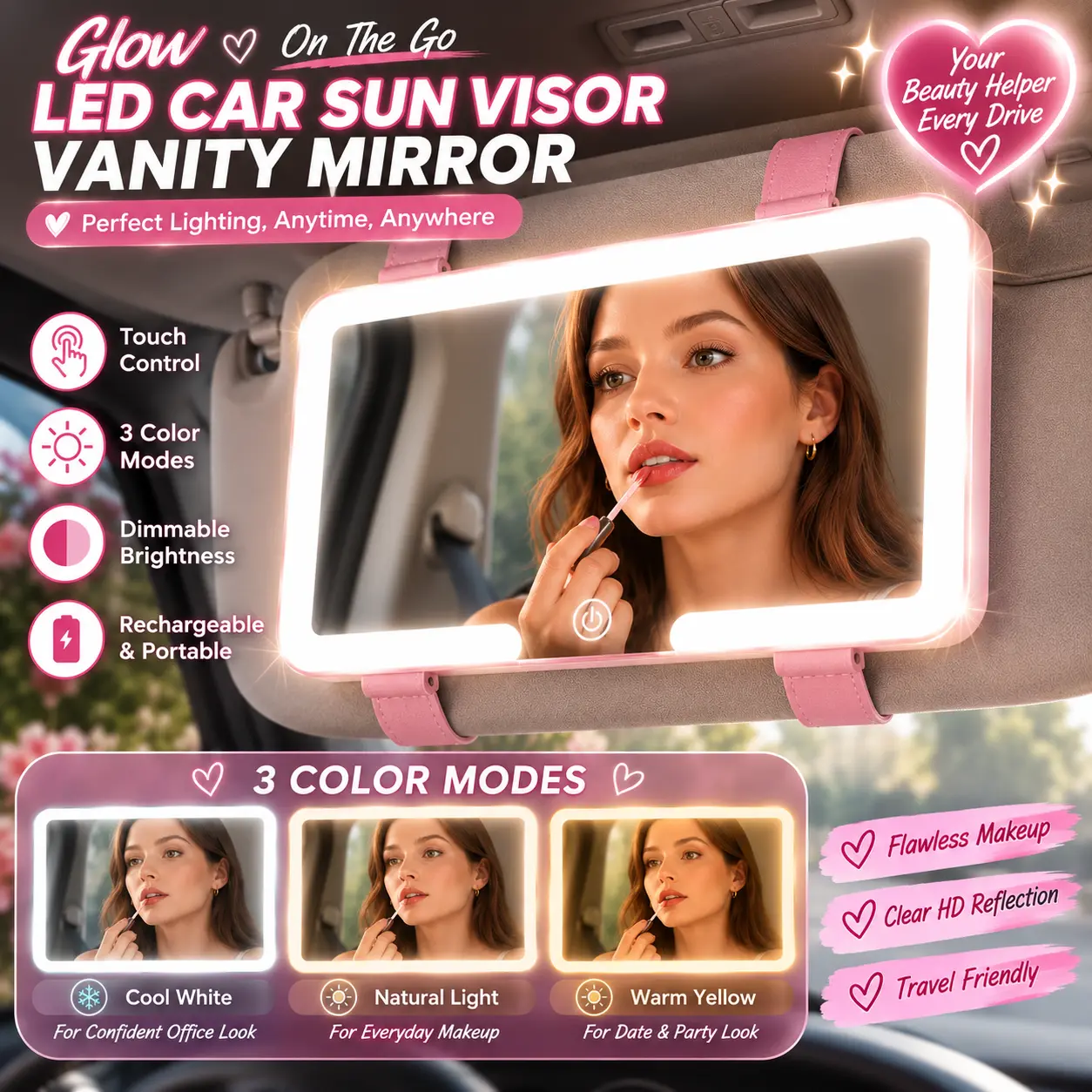 LED Car Sun Visor Vanity Mirror with Lights, Rechargeable HD Makeup Mirror, Touch Control, 3 Color Lighting Modes, Adjustable Brightness, Portable Car Accessories for Women, Travel Essentials