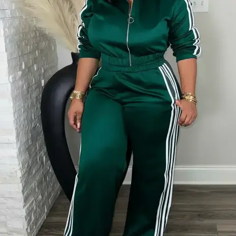 Women's Casual Patchwork Set, Zipper Stand Collar Top + High Waist Loose Pants, Slimming Design, Two-Piece for Daily Wear,Airport Outfit, Clothes, Two Pieces Outfits