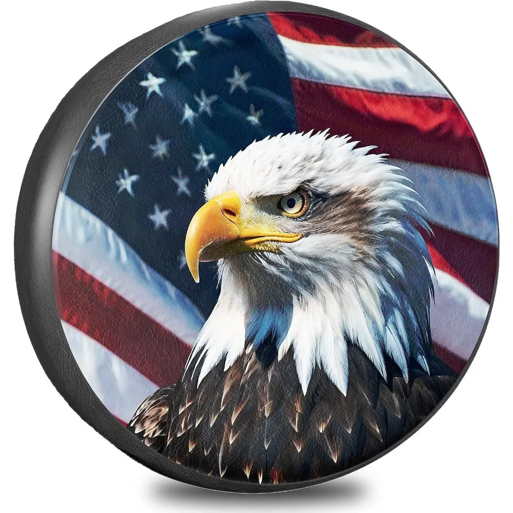 Spare Tire Cover with Flag, Trailer Tire Covers PVC Leather For Truck,SUV, Camper Vehicle Wheel Cover Waterproof Sun Dust Protection 15 inch