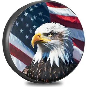 Spare Tire Cover with Flag, Trailer Tire Covers PVC Leather For Truck,SUV, Camper Vehicle Wheel Cover Waterproof Sun Dust Protection 15 inch