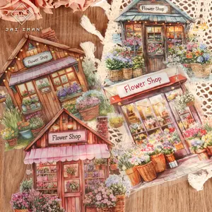 JAIIMAN 24sheets Large Size PET Transparent Watercolor Flower Shop Self-adhesive Landscaping Decoration Stickers, Vintage Storefront Art Decals, for Wall Decoration, Background Pad, Scrapbooking Supplies, Junk Journals, Collecting and Gifting