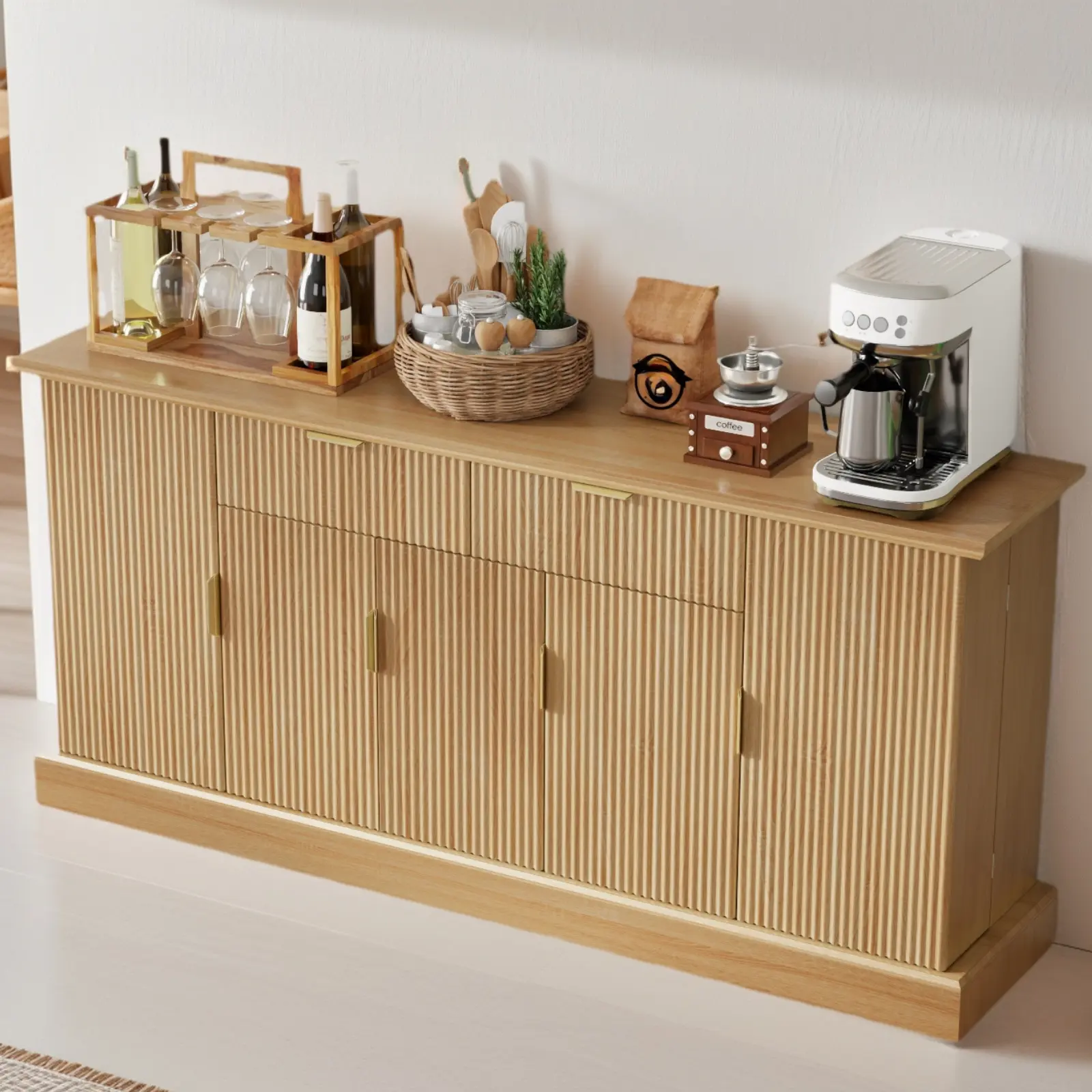 Loomie 63-Inch Fluted Sideboard Buffet Cabinet, Modern Credenza with 2 Drawers and Door-Mounted Shelves, Large Coffee Bar Cabinet for Kitchen, Dining Room, Entryway, Natural
