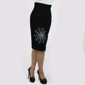 Spiderweb Embroidered Pin Up Black Stretchy Pencil Skirt, Vintage Inspired Halloween 1950s Black Skirt