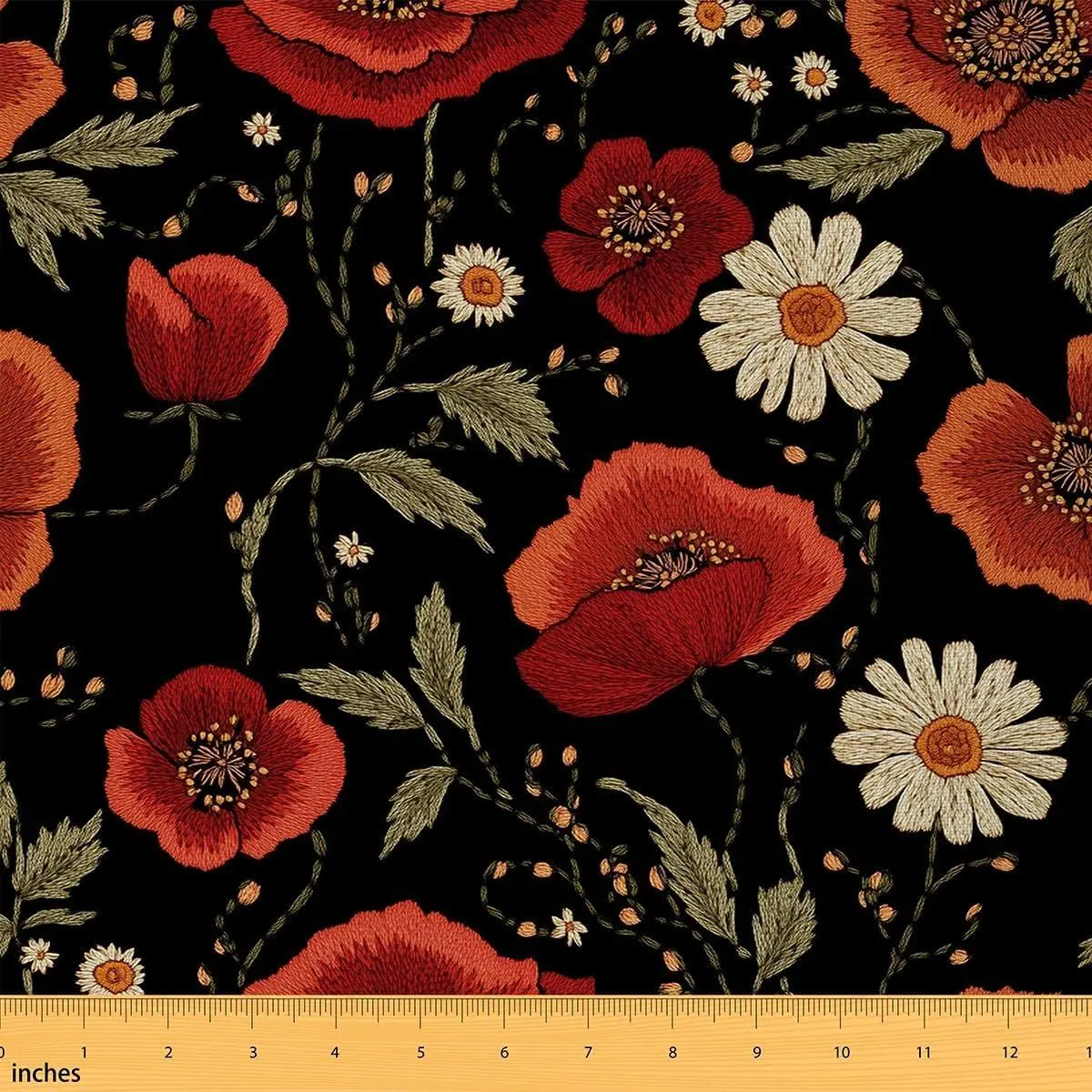 Poppy Flower Embroidery Fabric,Red Floral Upholstery Fabric Chairs,Sofa,Couch,Outdoor,Decorative,DIY Projects,,Red Black