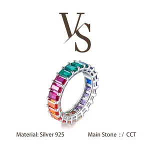 [Venus Jewelry] Lab Created Gemstone Rainbow Luxury Emerald Band Ring Solid SIlver S925 Ring