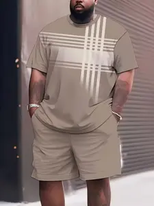 Men's Large Casual Sportswear Set, Athletic Fashion Activewear, Fashionable Striped Style, Round Neck, Knitted Fabric, All Seasons