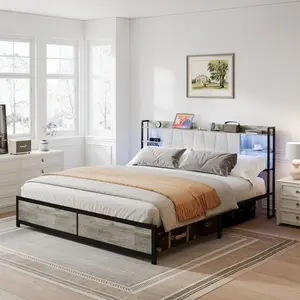 HOLDOLIFE Queen Size Smart Bed Frame with Headboard & Storage Bookcase & Charging Station & LED Lights, White