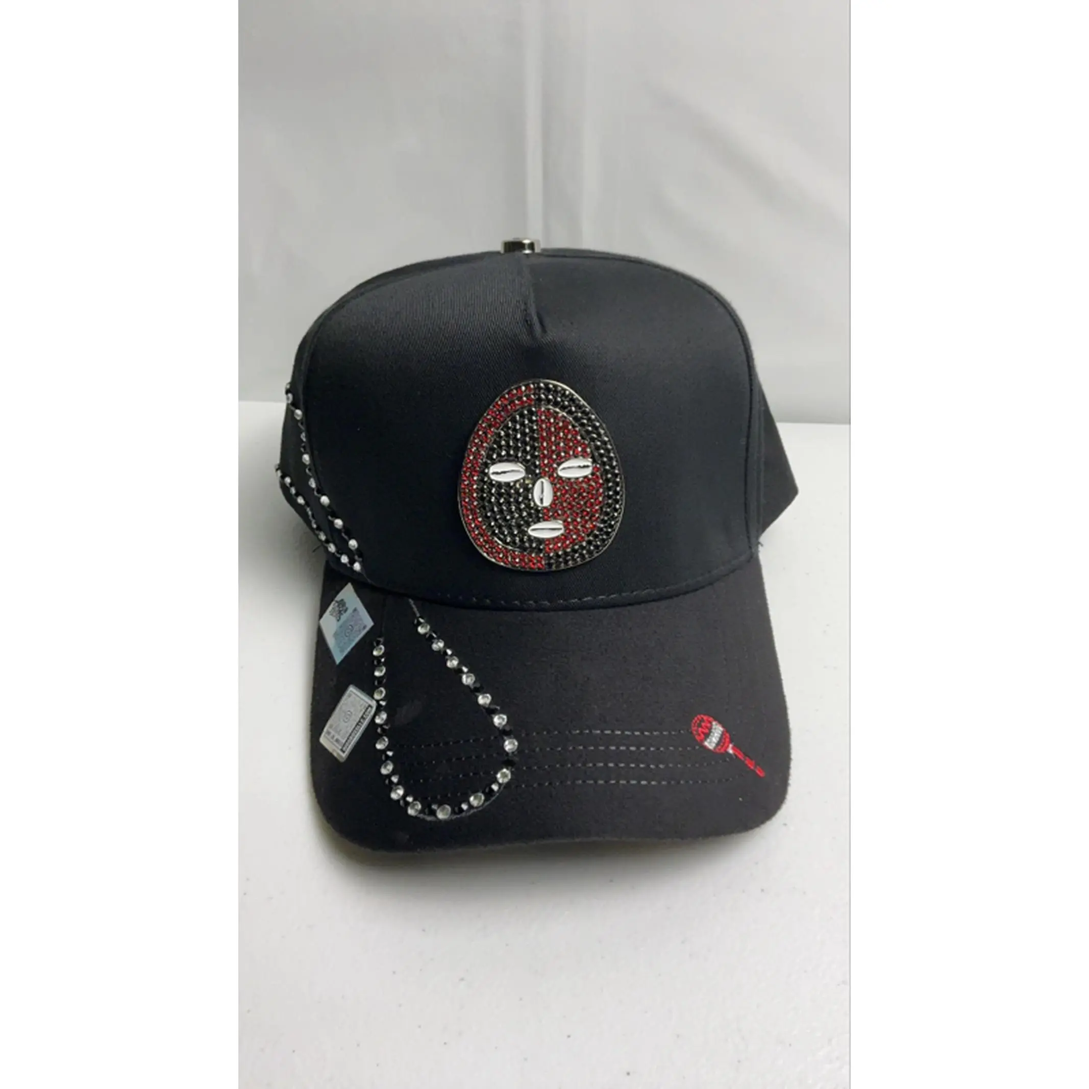 Elegua Hat - Black Baseball Cap with Rhinestones, Adjustable Strap, and Unique Design