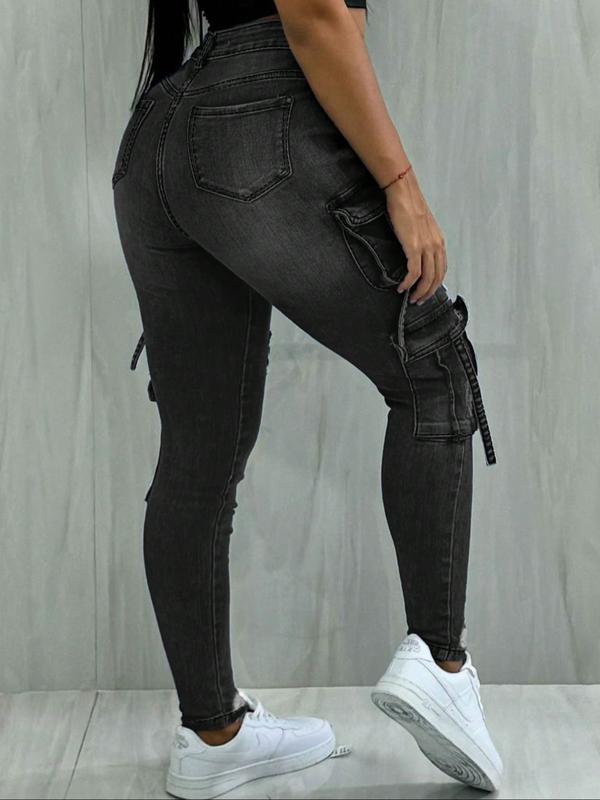 Y2K women's street style multi-pocket cropped work Stretchy Jeans with flap pockets for autumn and winter, perfect for Christmas fashion