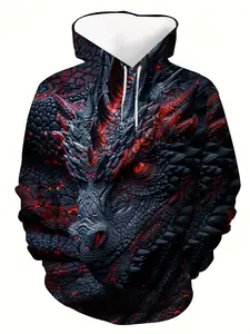Men's Black Dragon Pattern with Kangaroo Pocket - Spring & Autumn Casual Long Sleeve Pullover, Street Style Polyester, Street Style, Regular Version, Graphic Print Hoodie