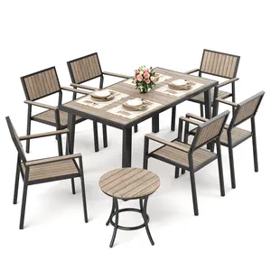 Pamapic 8-Piece Patio Dining Set with Plastic-Wood Table Top & 6 Outdoor Stackable Chairs - High-Quality Walnut Outdoor Furniture Set