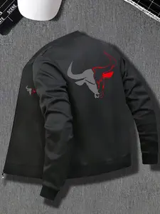 Men's Casual Stand Collar Hoodie Jacket, Spring & Fall Fashion Zipper Outerwear, Geometric Pattern Fitted Sweatshirt, Casual Athletic Jacket