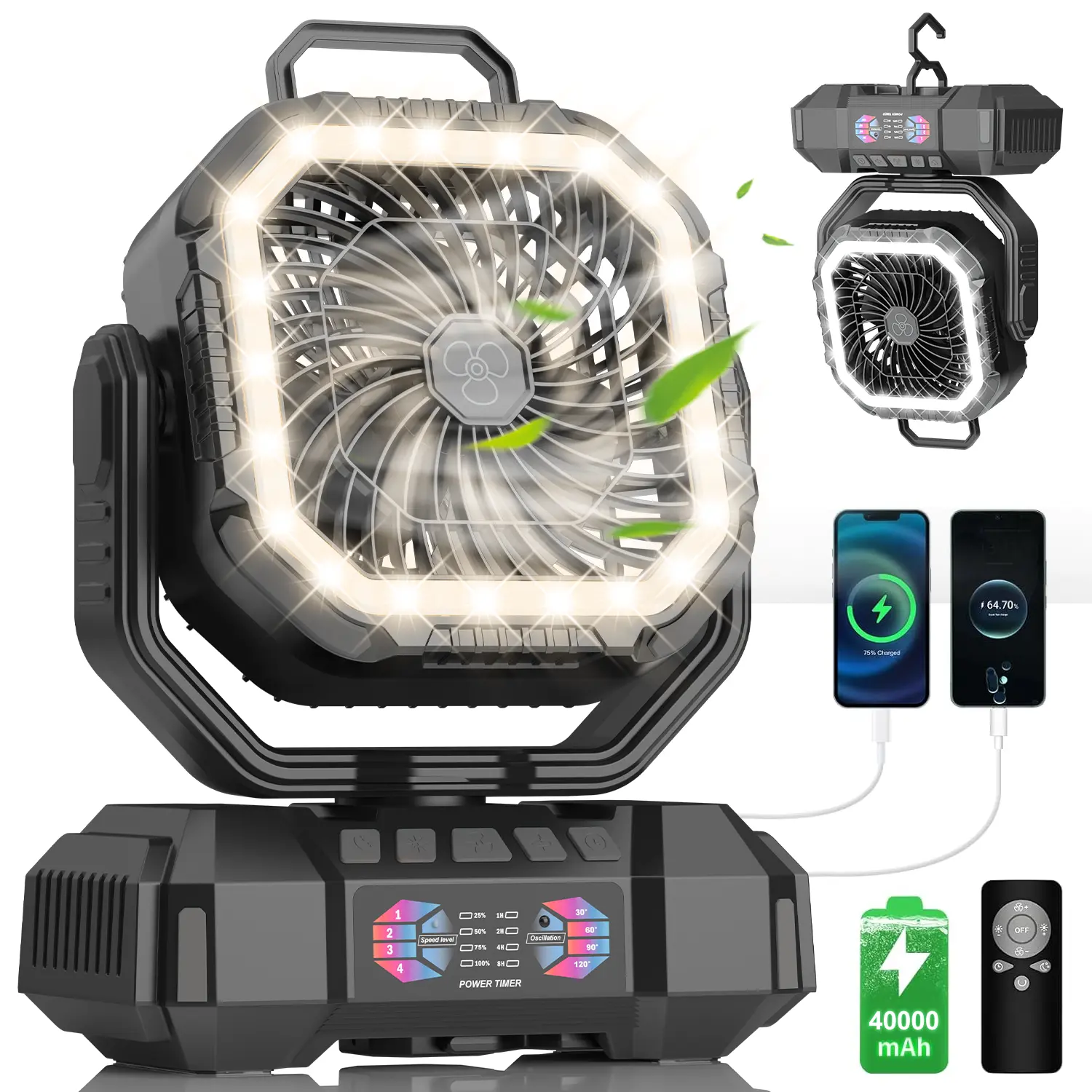 40000mAh Lithium Battery USB Fan Light - Rechargeable Rotating Quiet Portable Silent Camping Fan with LED Lantern, Hanging Hook, 4-Speed for Tent, RV, Emergency Use, Rechargeable Rotating Fan