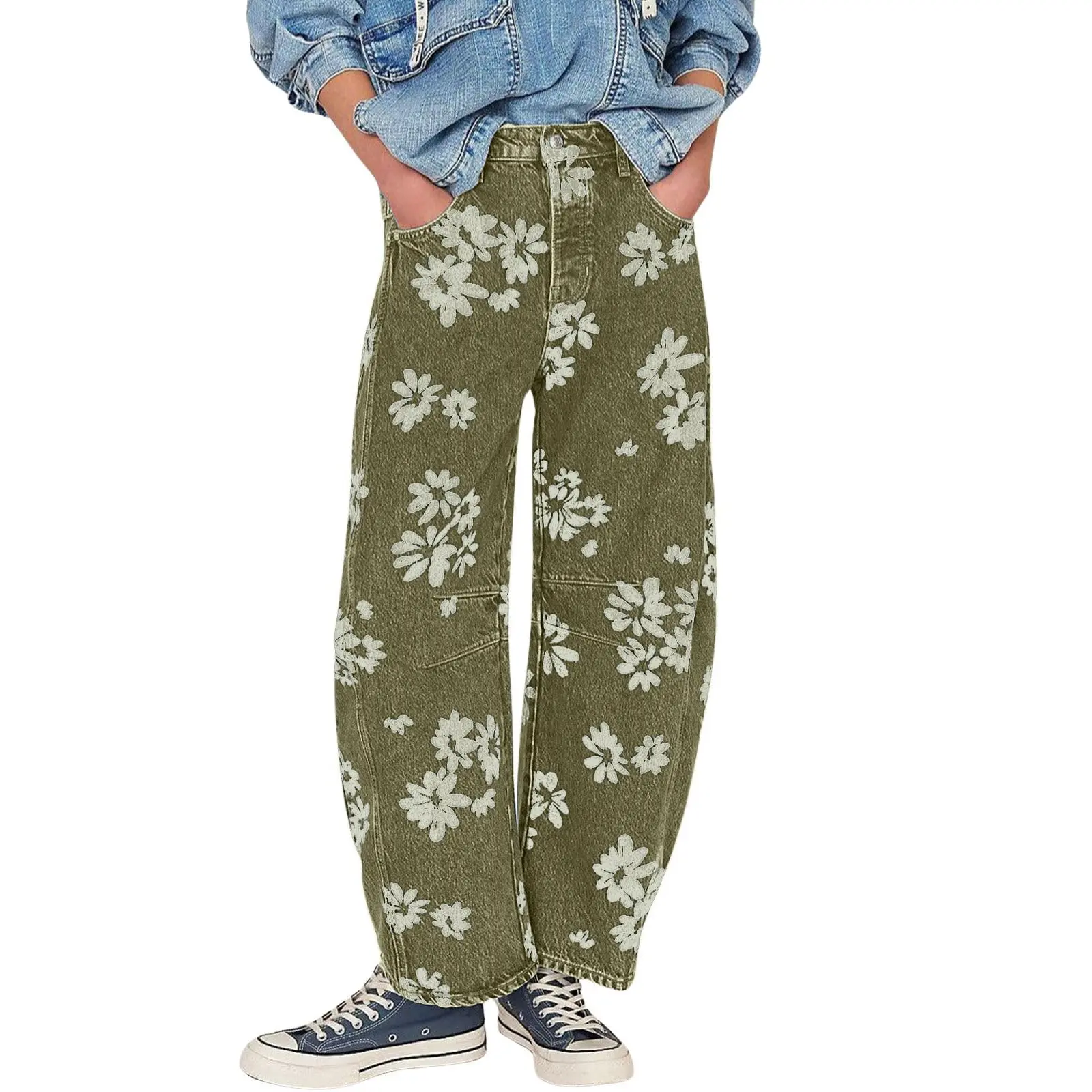 Chouyatou Women's Simple Floral Jeans Y2K Loose Wide-Leg Jeans Boyfriend Style Printed Stitching Jeans