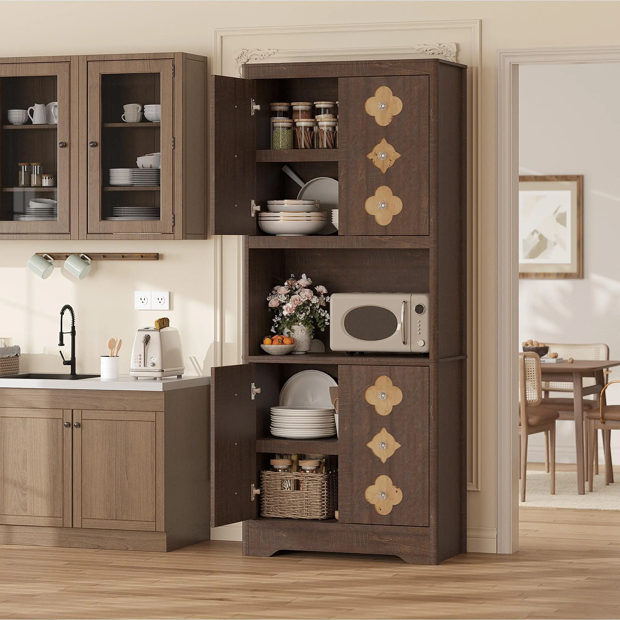 GARVEE Reddish Brown Mid Century Modern Kitchen Pantry Cabinet, 72" Tall Storage Cabinet with Microwave Shelf, Wooden Freestand Cupboard with Carved Flower Door & Crystal Handle, for Dining Room