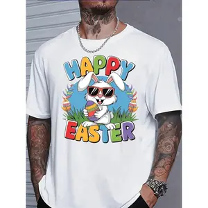 Men Casual TShirt with Trendy Bunny Glasses and Colorful Egg Pattern for Easter Party Holiday Gift
