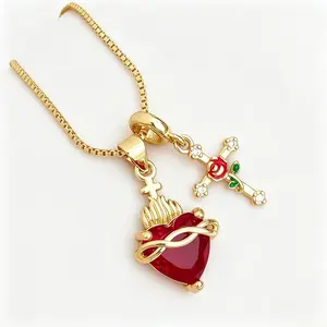 Premium Costume Jewelry Heart-Shaped Rose Cross Pendant Necklace with Zirconia Sacred Heart, Non-Fading Crucifix Clavicular Choker, Cross Emblem Collarbone Chain Gift for Everyday Wear, Crucifix Necklaces, Clavicular Necklaces